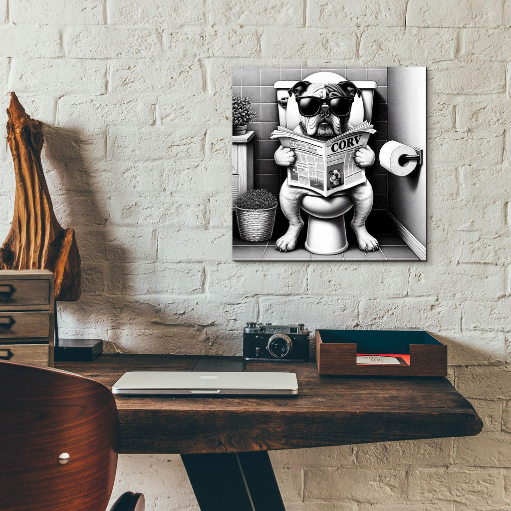 Bulldog On Toilet B&w by Rey Klimt - 12x12 acrylic wall art in a room