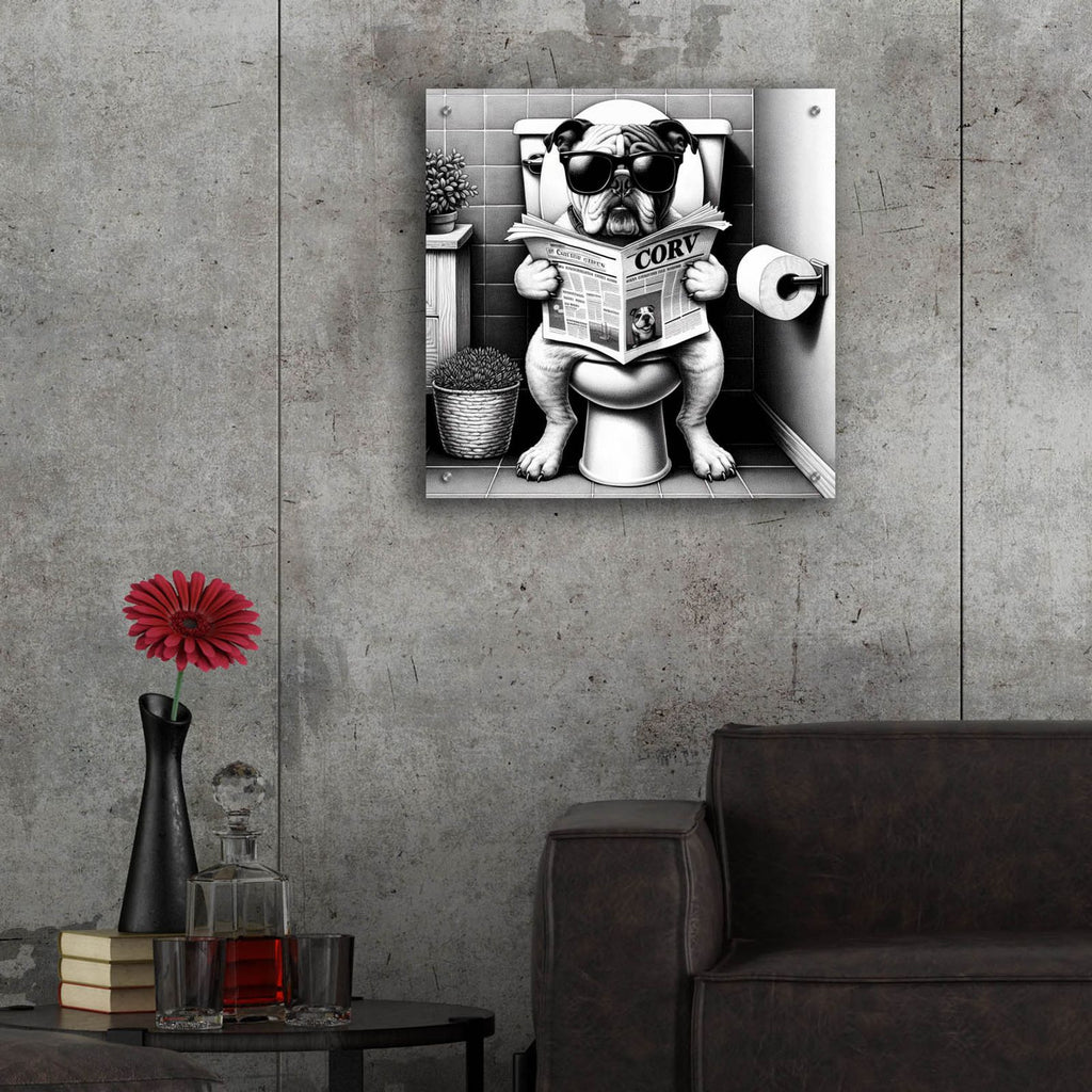 Bulldog On Toilet B&w by Rey Klimt - 24x24 acrylic wall art in a room