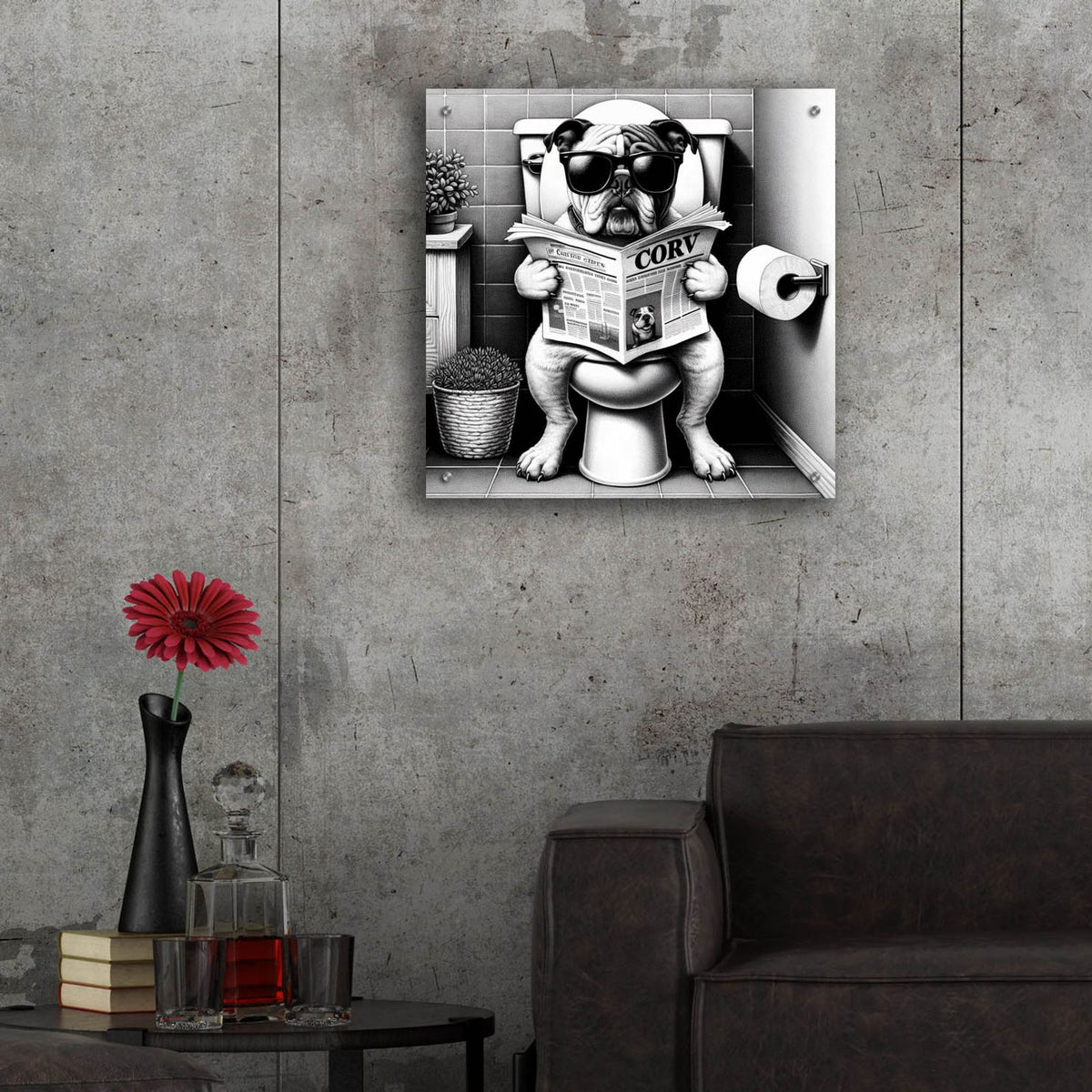 Bulldog On Toilet B&w by Rey Klimt - 24x24 acrylic wall art in a room