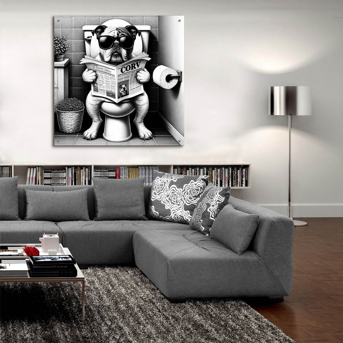 Bulldog On Toilet B&w by Rey Klimt - 36x36 acrylic wall art in a room
