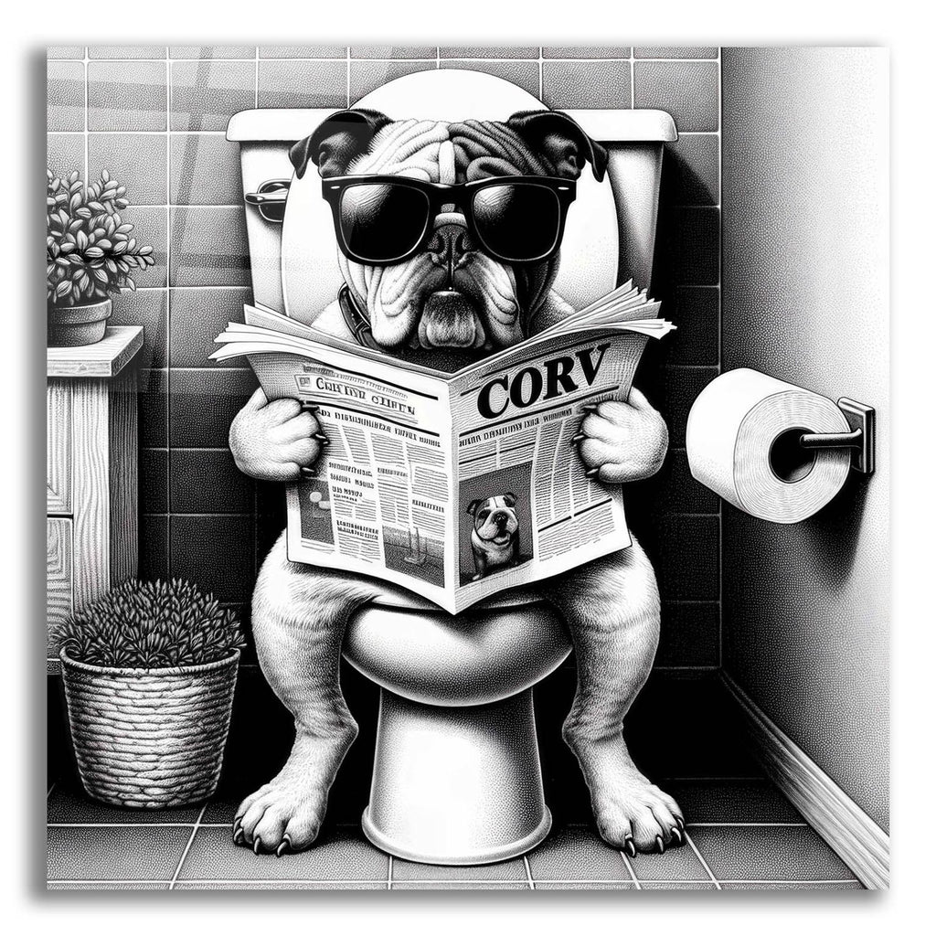 Bulldog On Toilet B&w by Rey Klimt acrylic glass wall art