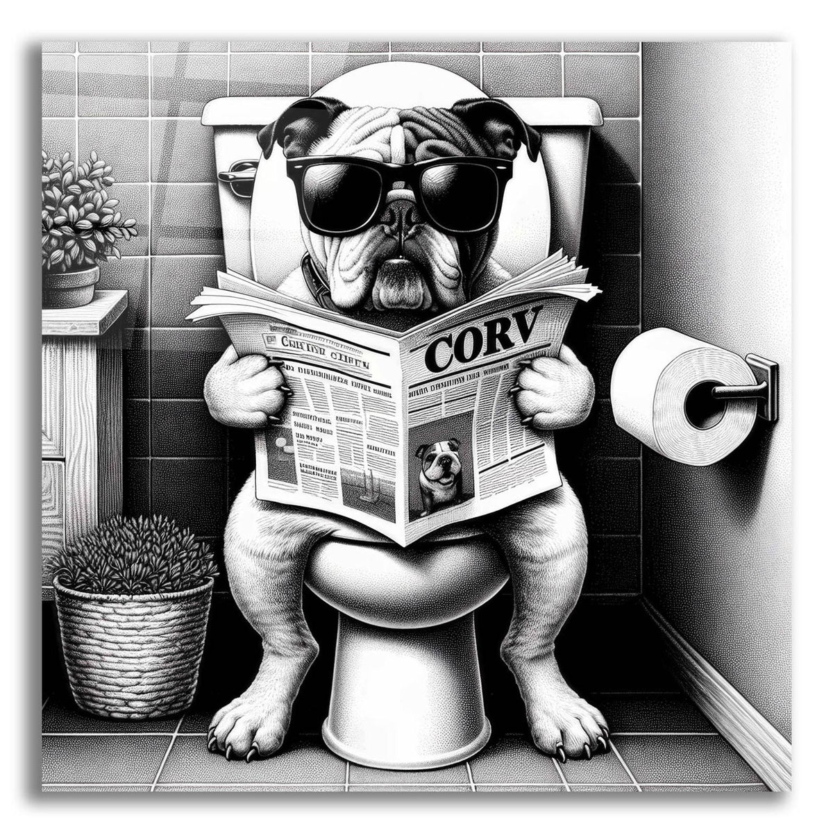 Bulldog On Toilet B&w by Rey Klimt acrylic glass wall art