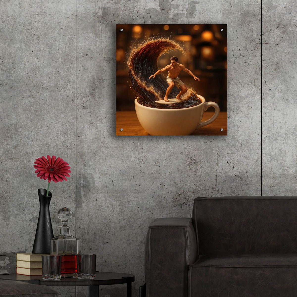 Coffee Cup Surfing by Rey Klimt - 24x24 acrylic wall art in a room