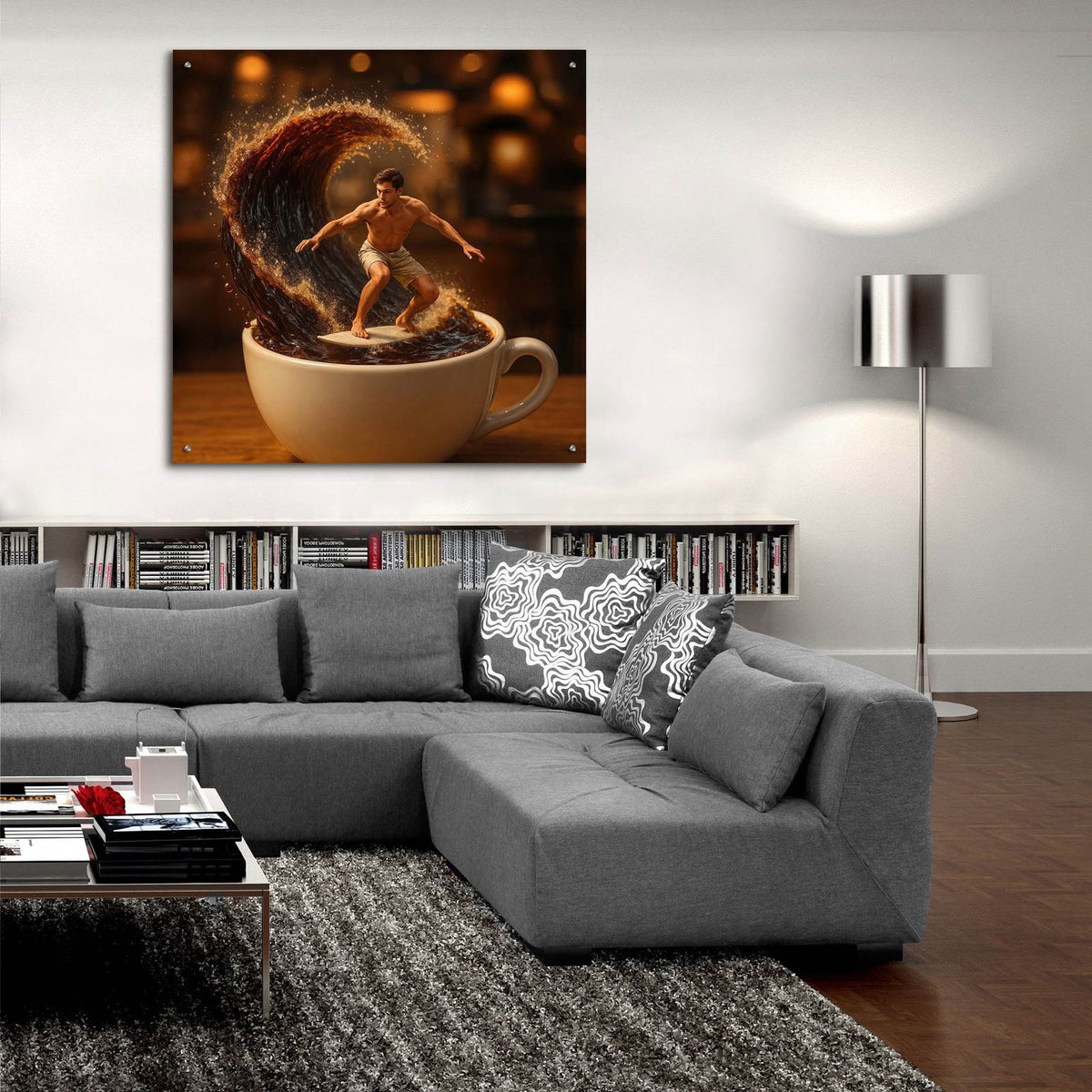 Coffee Cup Surfing by Rey Klimt - 36x36 acrylic wall art in a room