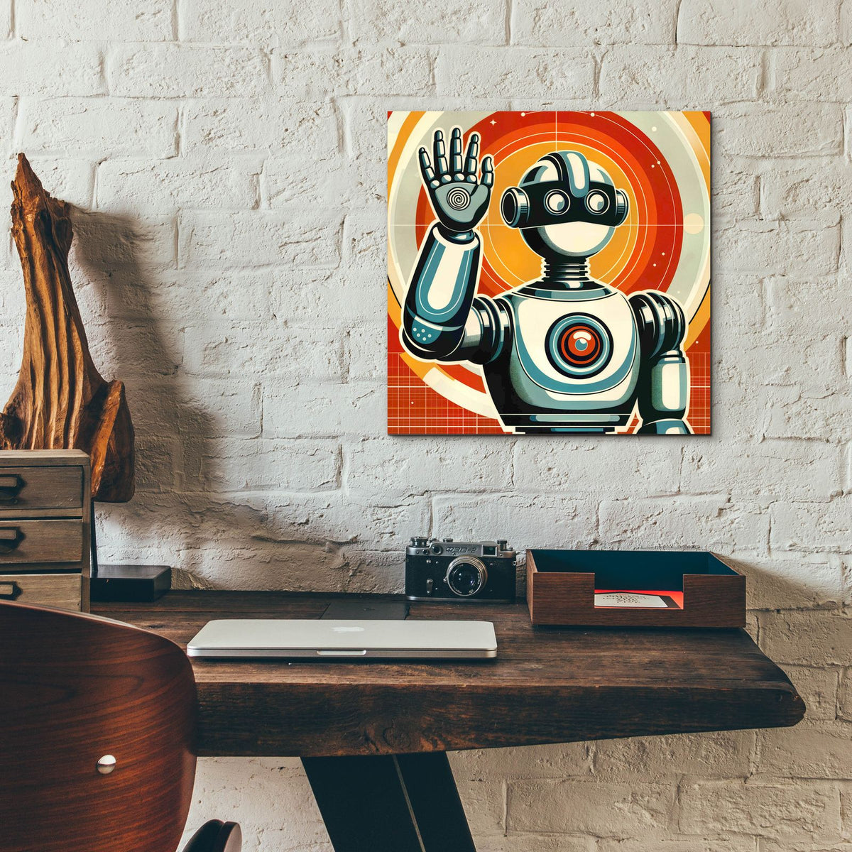 Retro Robot Hello by Rey Klimt - 12x12 acrylic wall art in a room