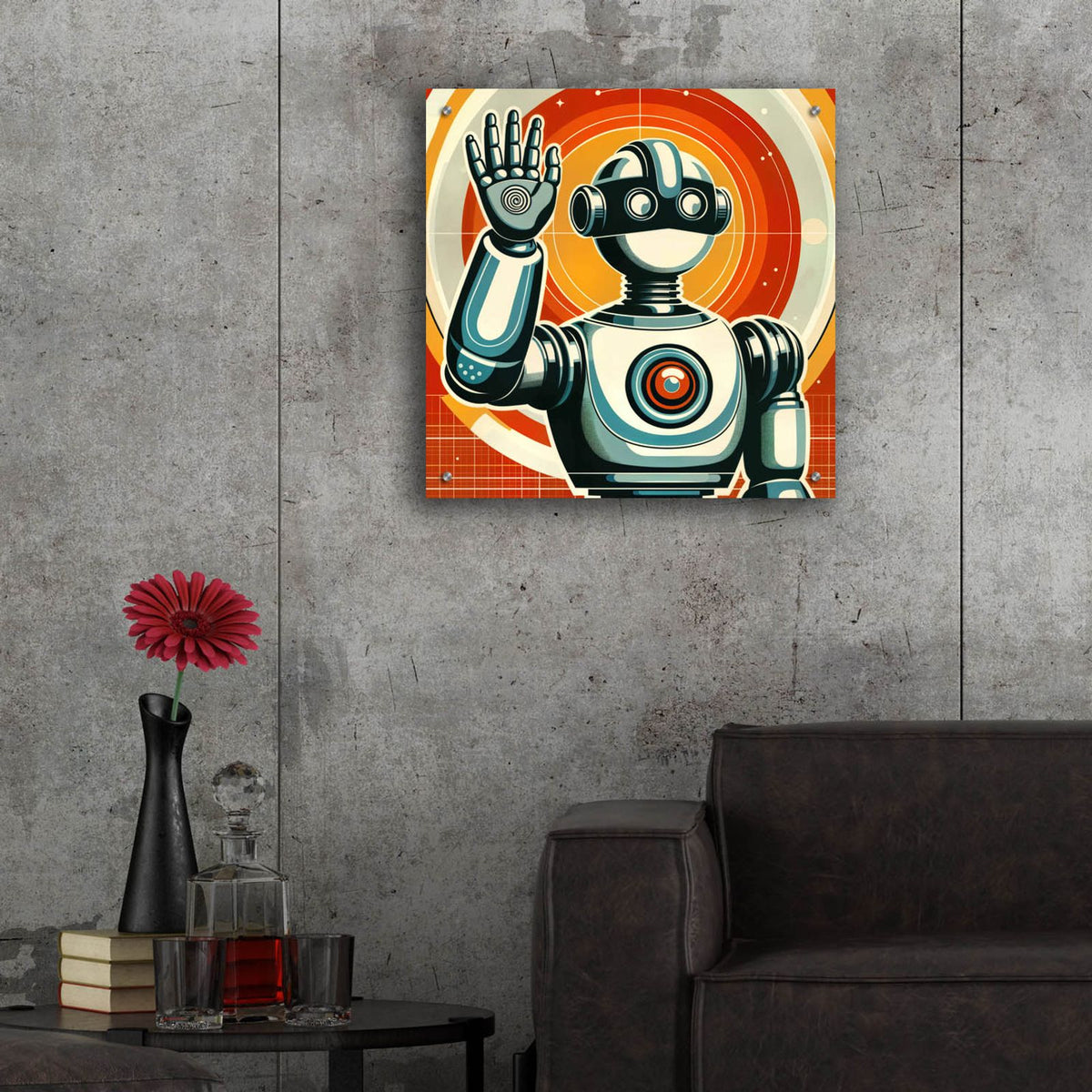 Retro Robot Hello by Rey Klimt - 24x24 acrylic wall art in a room