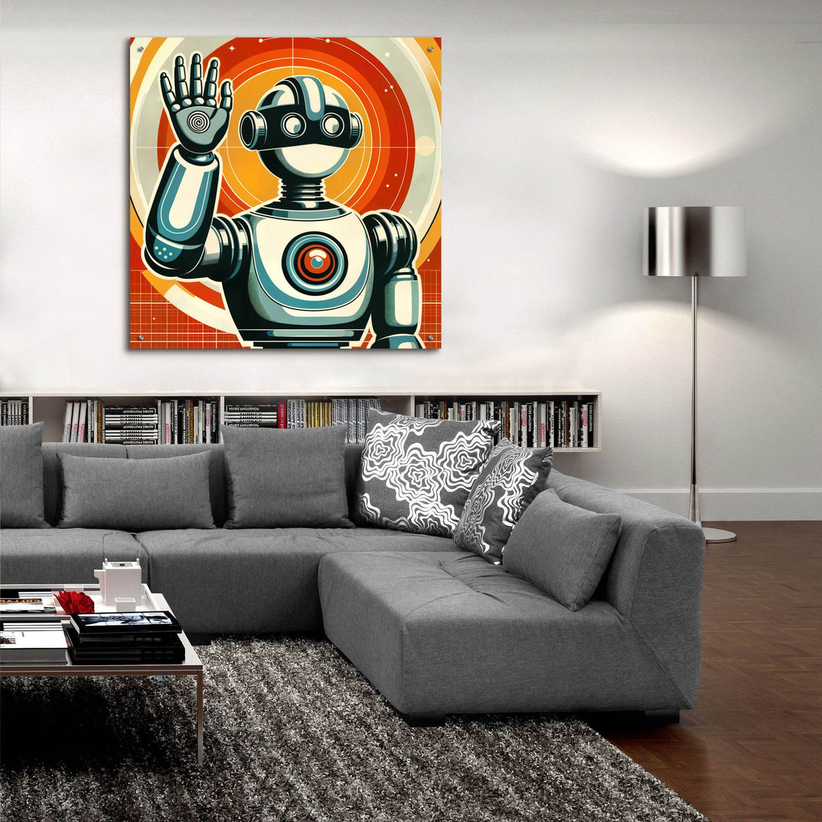 Retro Robot Hello by Rey Klimt - 36x36 acrylic wall art in a room
