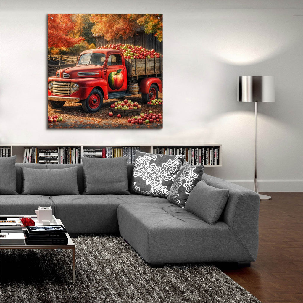Vintage Red Truck At Orchard 1 by Rey Klimt - 36x36 acrylic wall art in a room