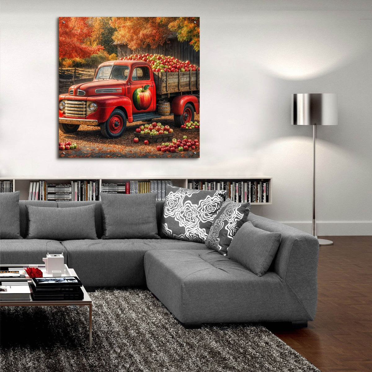Vintage Red Truck At Orchard 1 by Rey Klimt - 36x36 acrylic wall art in a room