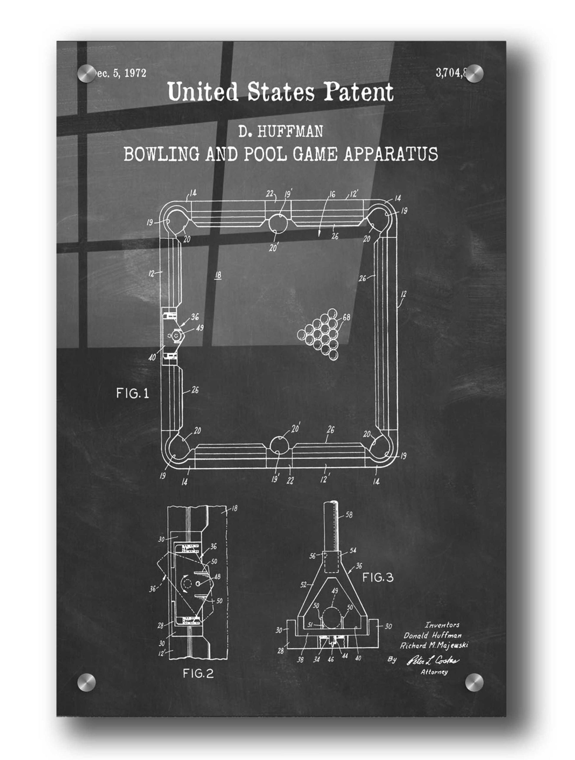 Epic Art 'Bowling and Pool Game Apparatus Blueprint Patent Chalkboard,' Acrylic Glass Wall Art,24x36