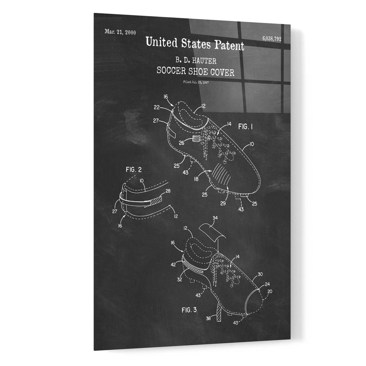 Epic Art 'Soccer Shoe Cover Blueprint Patent Chalkboard,' Acrylic Glass Wall Art,16x24