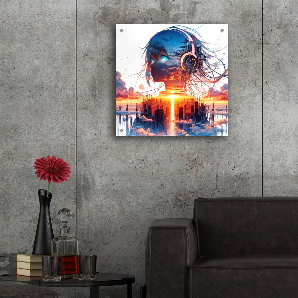 Anime Girl - City Sunrise by Rey Klimt - 24x24 acrylic wall art in a room