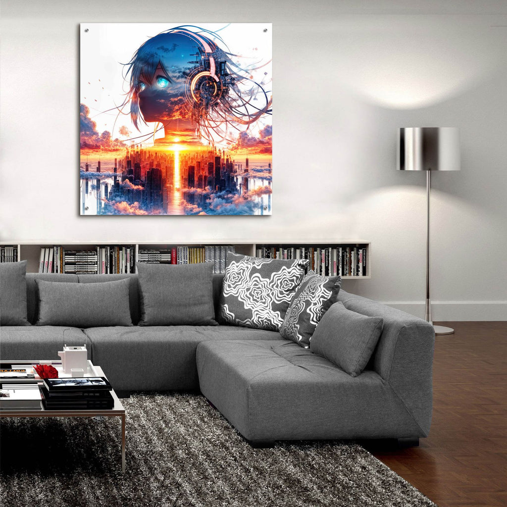 Anime Girl - City Sunrise by Rey Klimt - 36x36 acrylic wall art in a room