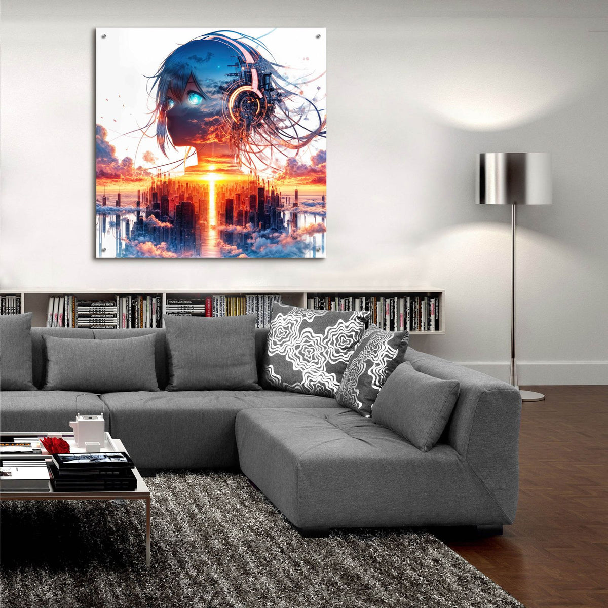 Anime Girl - City Sunrise by Rey Klimt - 36x36 acrylic wall art in a room