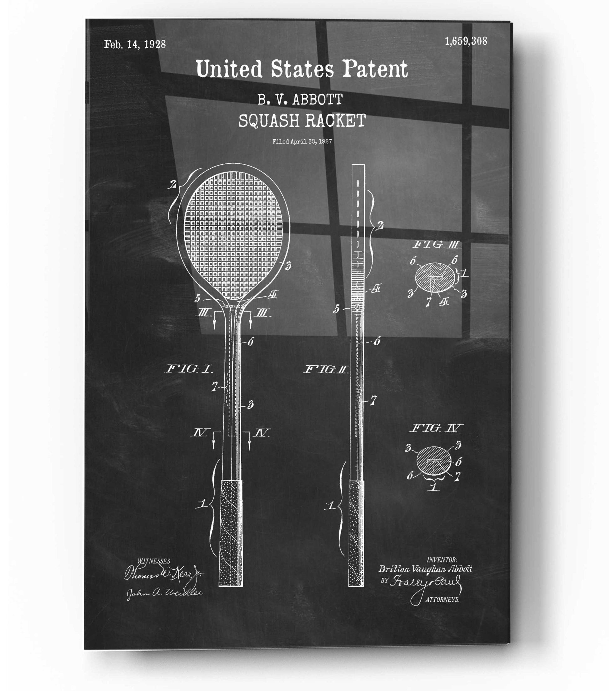 Epic Art 'Squash Racket Blueprint Patent Chalkboard,' Acrylic Glass Wall Art,12x16