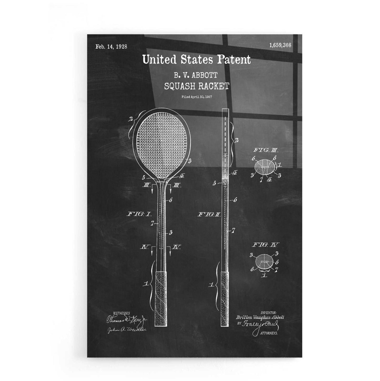 Epic Art 'Squash Racket Blueprint Patent Chalkboard,' Acrylic Glass Wall Art,16x24