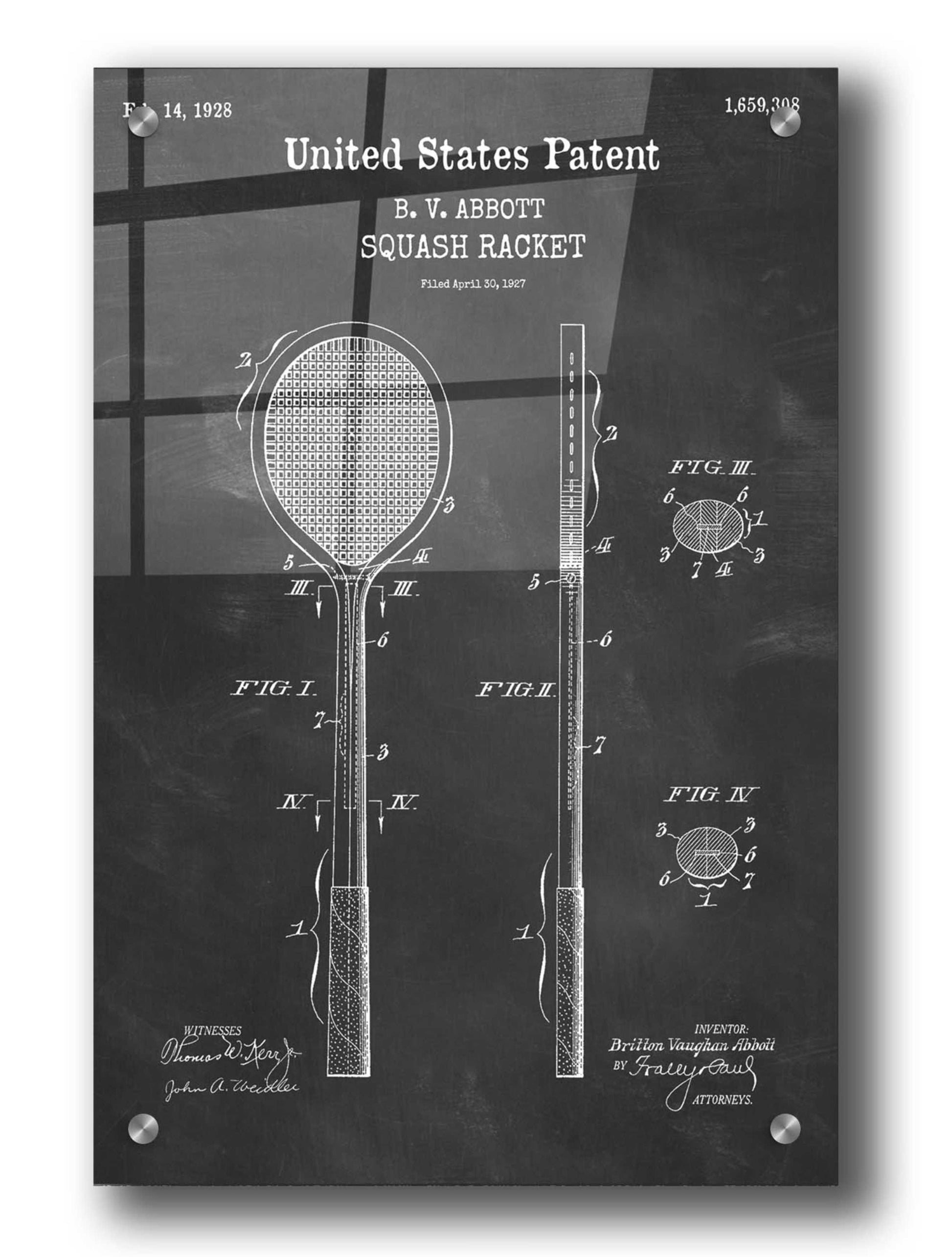 Epic Art 'Squash Racket Blueprint Patent Chalkboard,' Acrylic Glass Wall Art,24x36