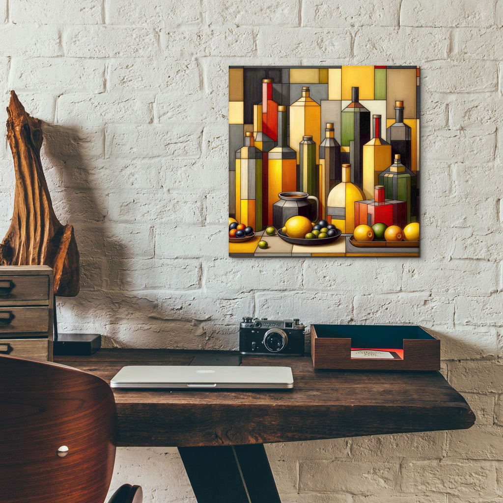 Cubist Bottles And Lemons by Rey Klimt - 12x12 acrylic wall art in a room
