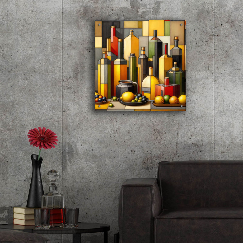 Cubist Bottles And Lemons by Rey Klimt - 24x24 acrylic wall art in a room
