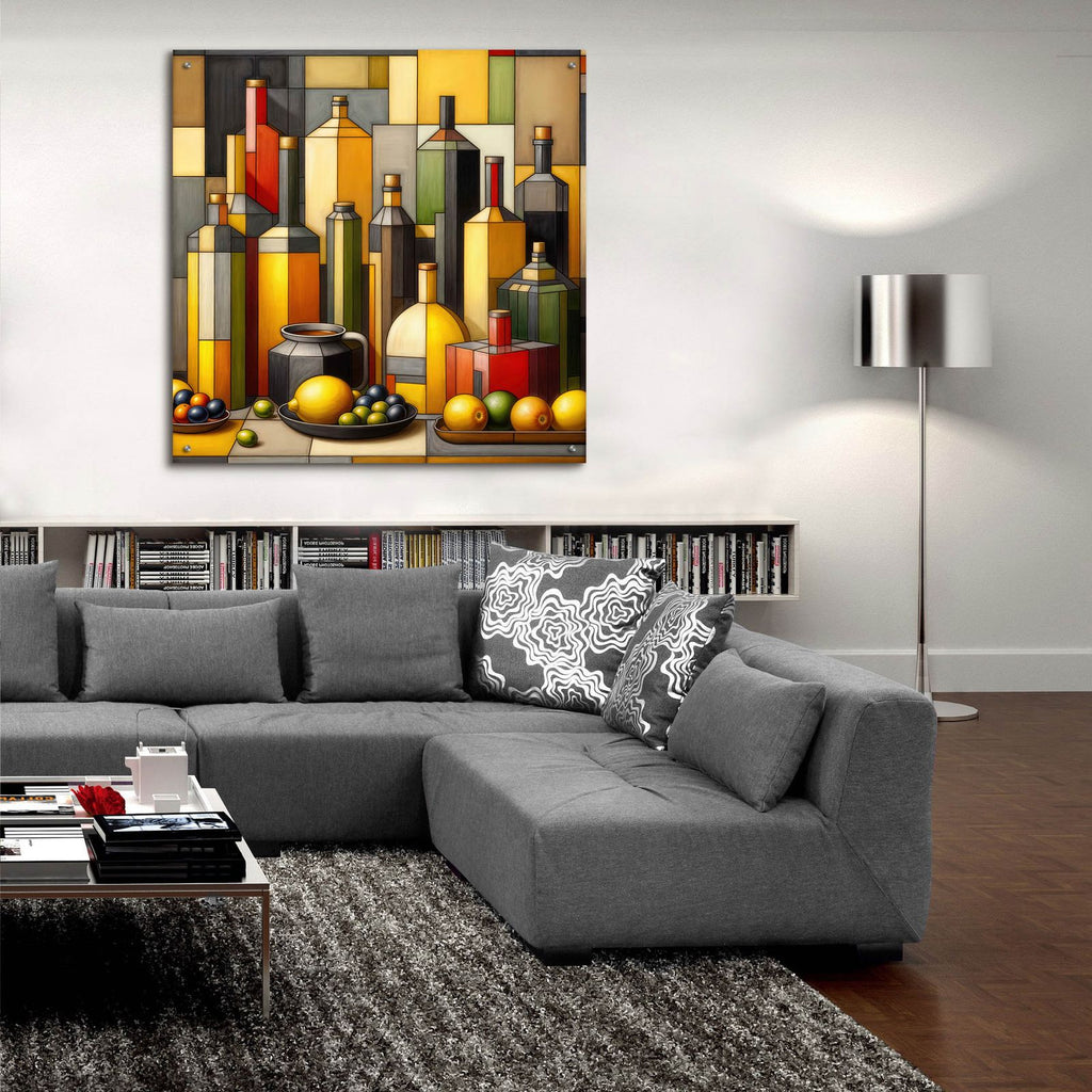 Cubist Bottles And Lemons by Rey Klimt - 36x36 acrylic wall art in a room