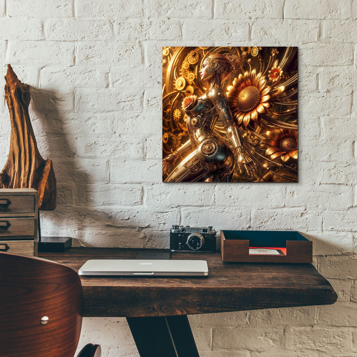 Cyber Girl And Sunflowers by Rey Klimt - 12x12 acrylic wall art in a room