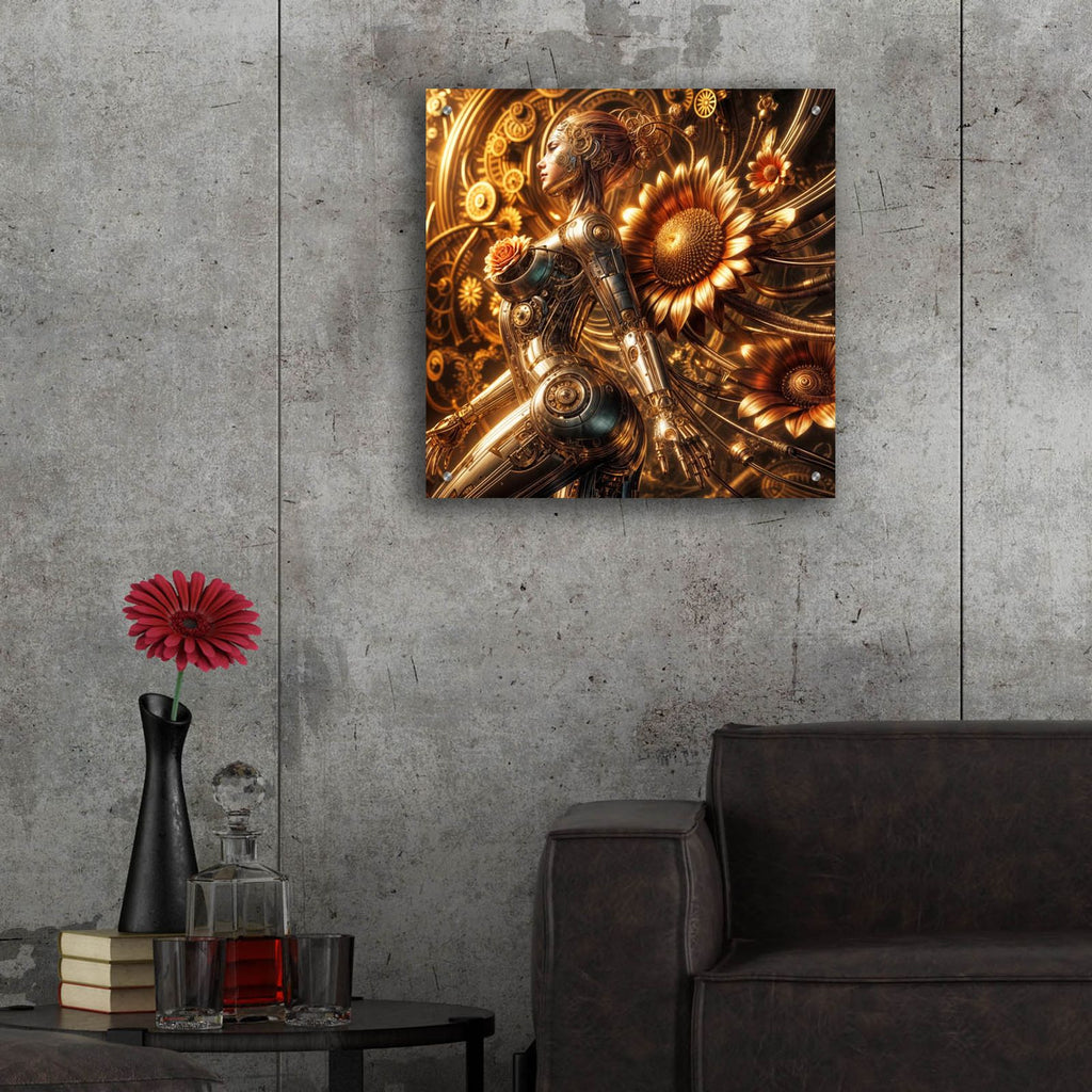 Cyber Girl And Sunflowers by Rey Klimt - 24x24 acrylic wall art in a room