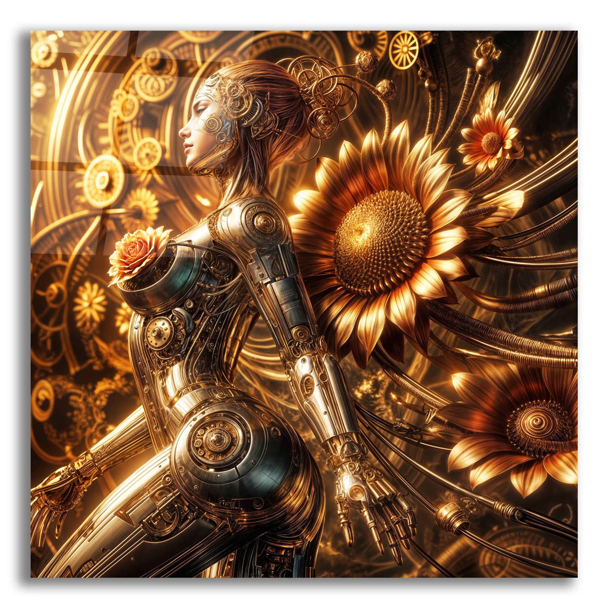 Cyber Girl And Sunflowers by Rey Klimt acrylic glass wall art