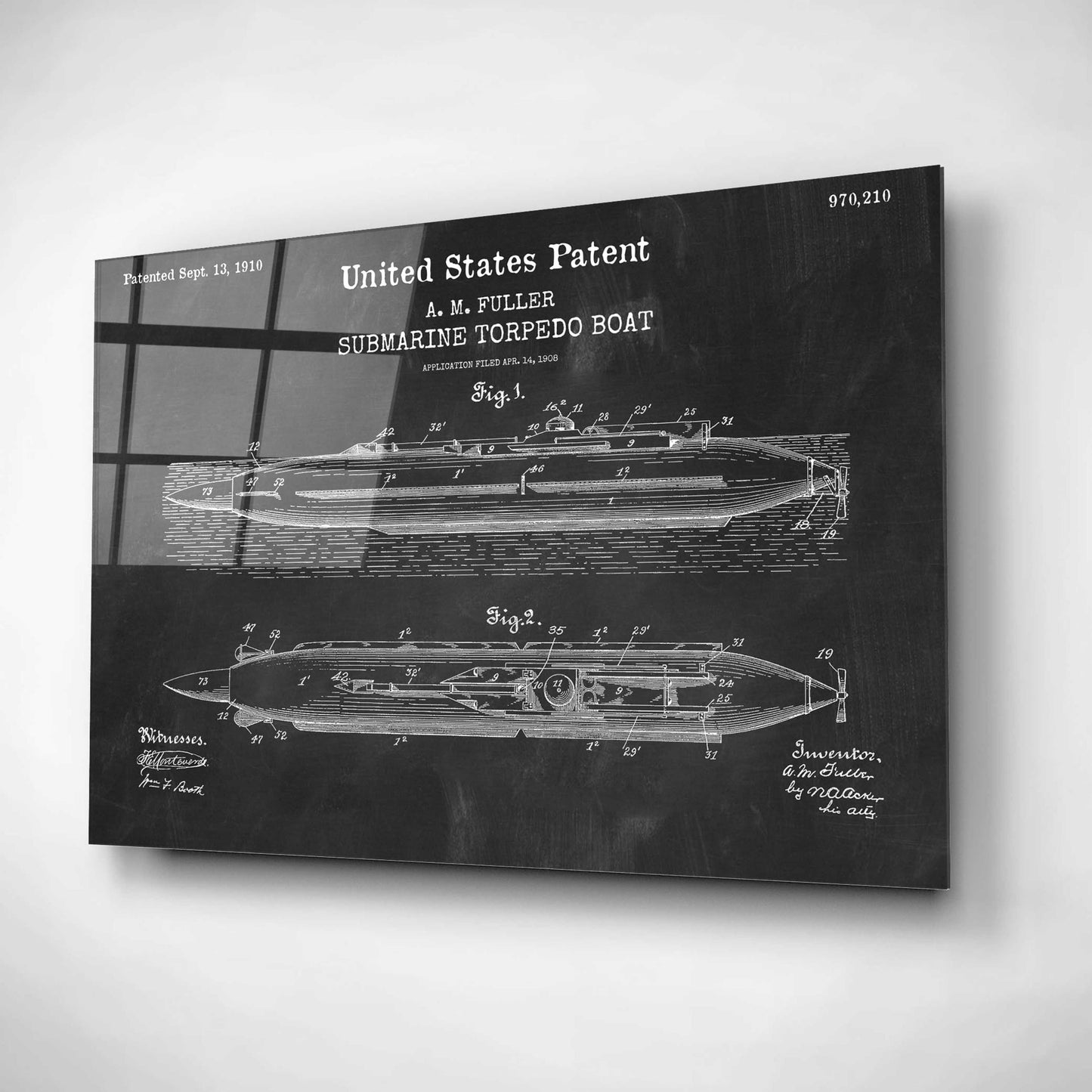 Epic Art 'Submarine Torpedo Boat Blueprint Patent Chalkboard,' Acrylic Glass Wall Art,16x12