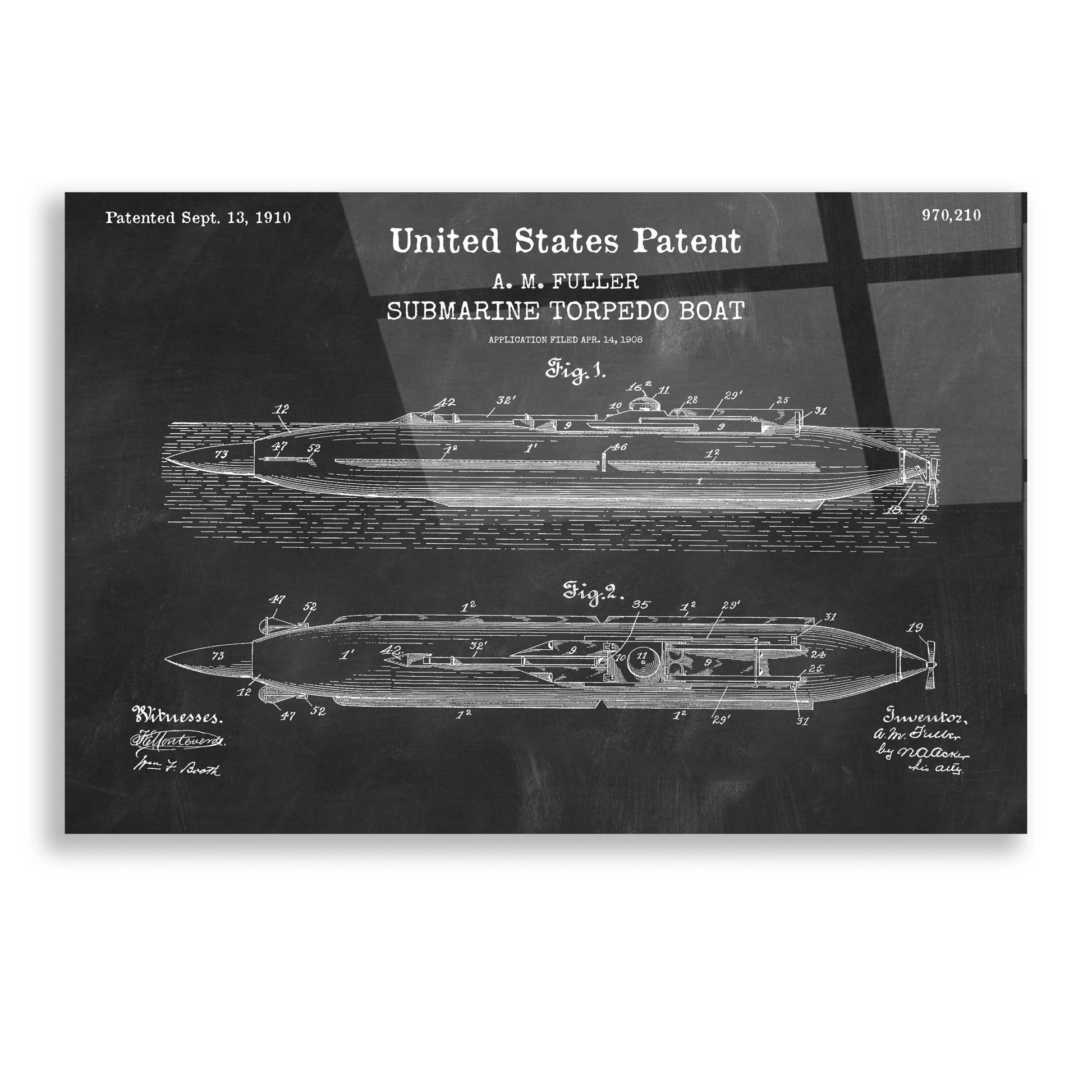 Epic Art 'Submarine Torpedo Boat Blueprint Patent Chalkboard,' Acrylic Glass Wall Art,16x12