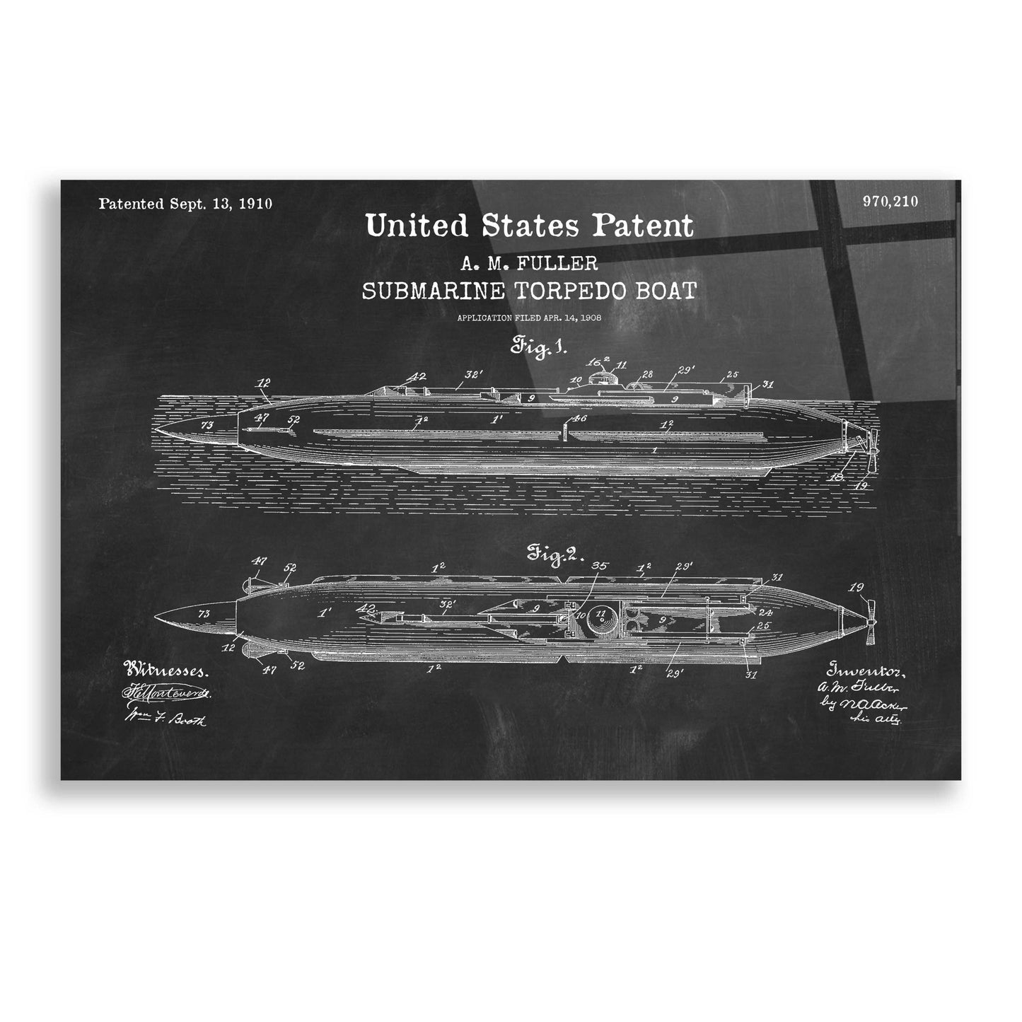 Epic Art 'Submarine Torpedo Boat Blueprint Patent Chalkboard,' Acrylic Glass Wall Art,24x16