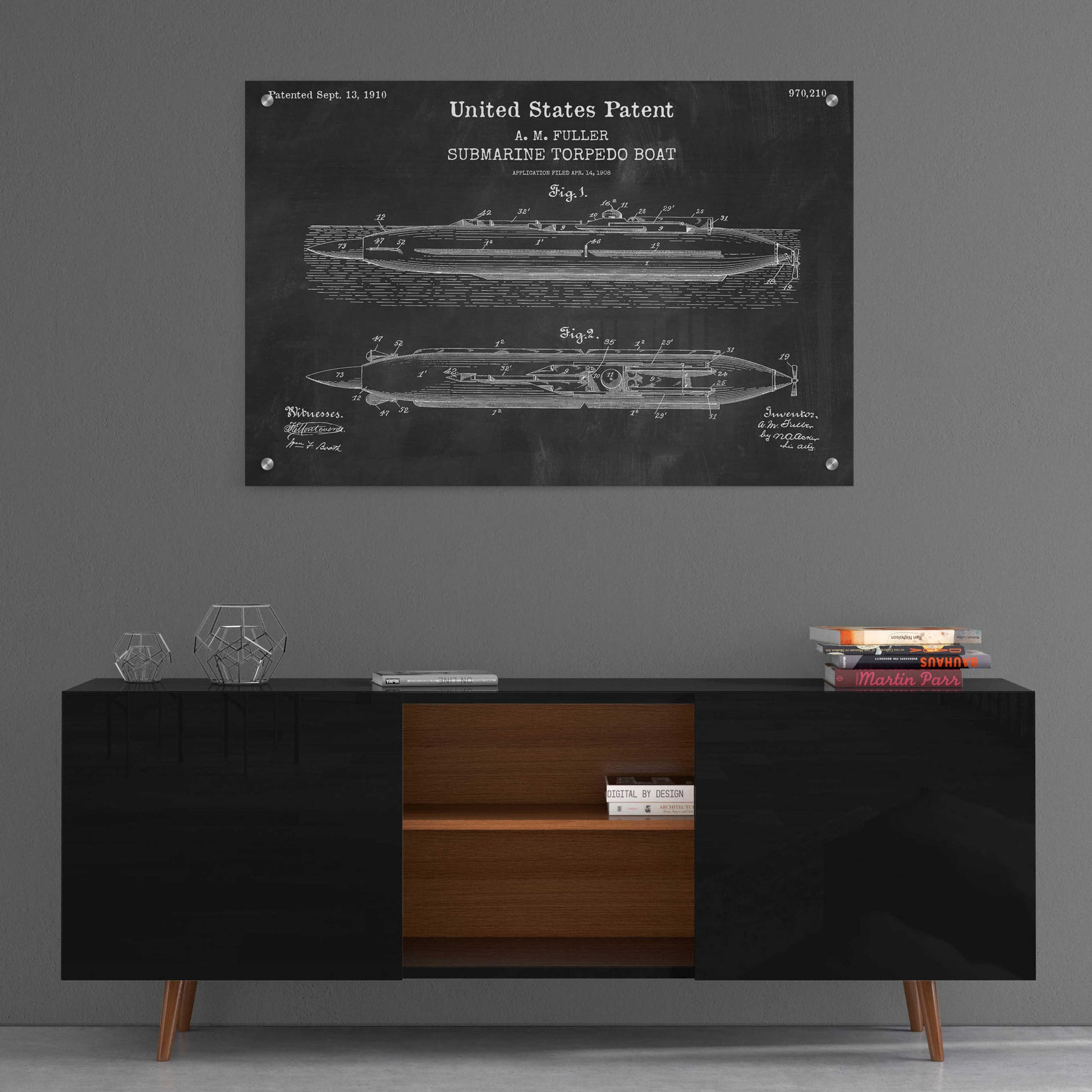 Epic Art 'Submarine Torpedo Boat Blueprint Patent Chalkboard,' Acrylic Glass Wall Art,36x24