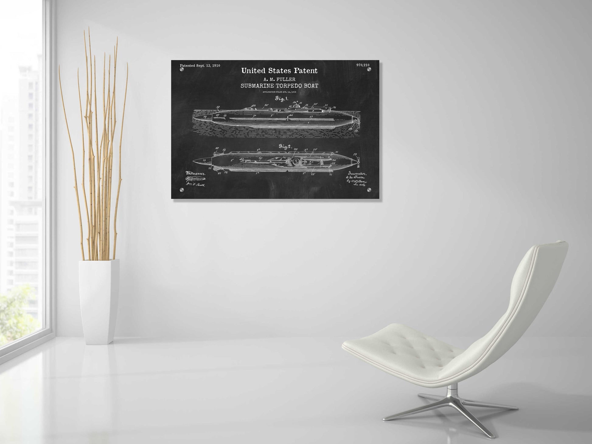 Epic Art 'Submarine Torpedo Boat Blueprint Patent Chalkboard,' Acrylic Glass Wall Art,36x24