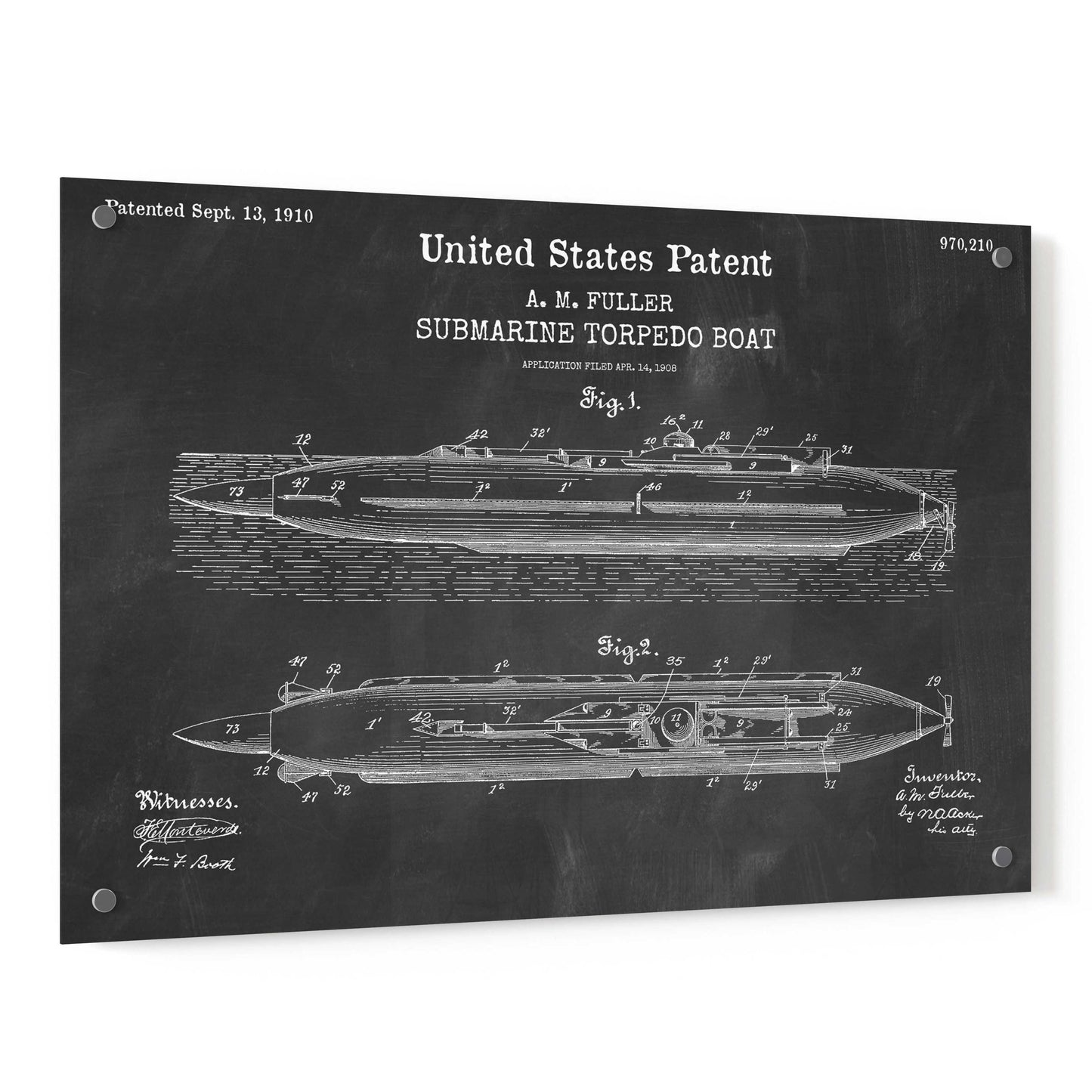 Epic Art 'Submarine Torpedo Boat Blueprint Patent Chalkboard,' Acrylic Glass Wall Art,36x24