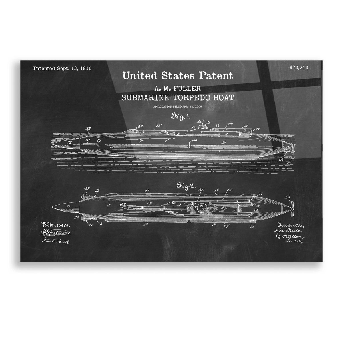Epic Art 'Submarine Torpedo Boat Blueprint Patent Chalkboard,' Acrylic Glass Wall Art