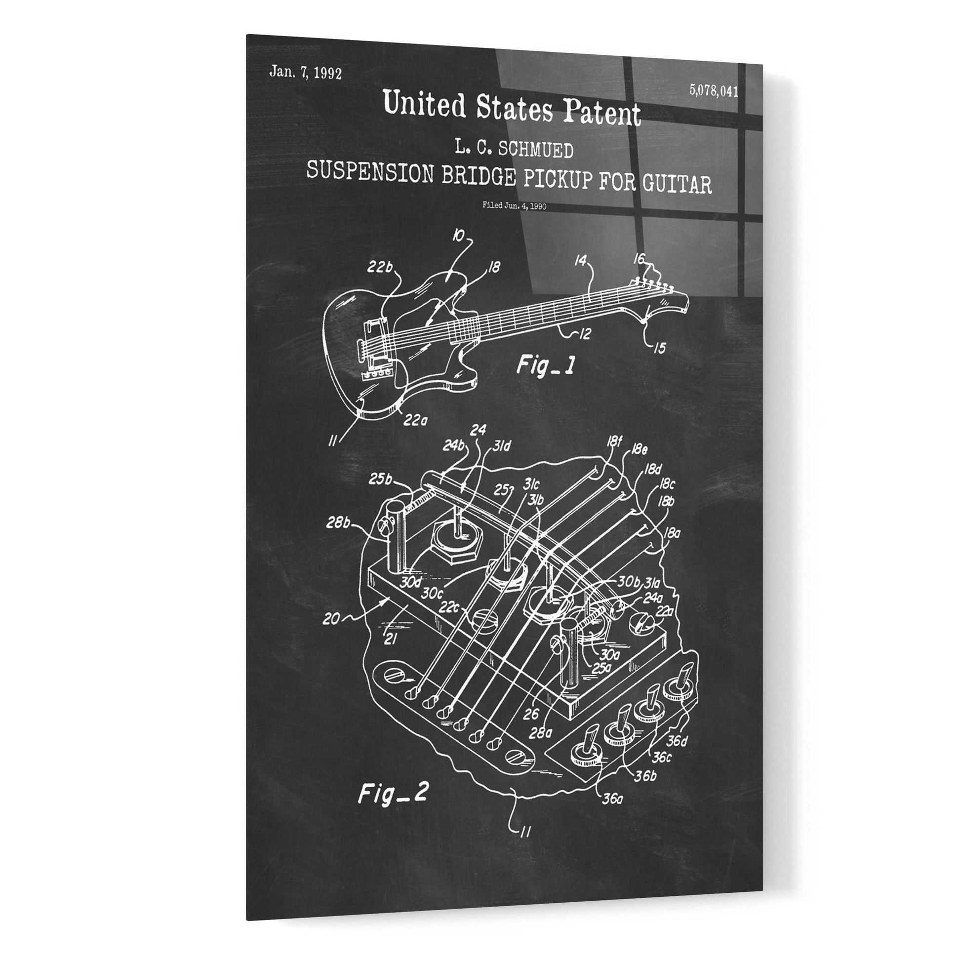 Epic Art 'Suspension Bridge Pickup for Guitar Blueprint Patent Chalkboard,' Acrylic Glass Wall Art,16x24