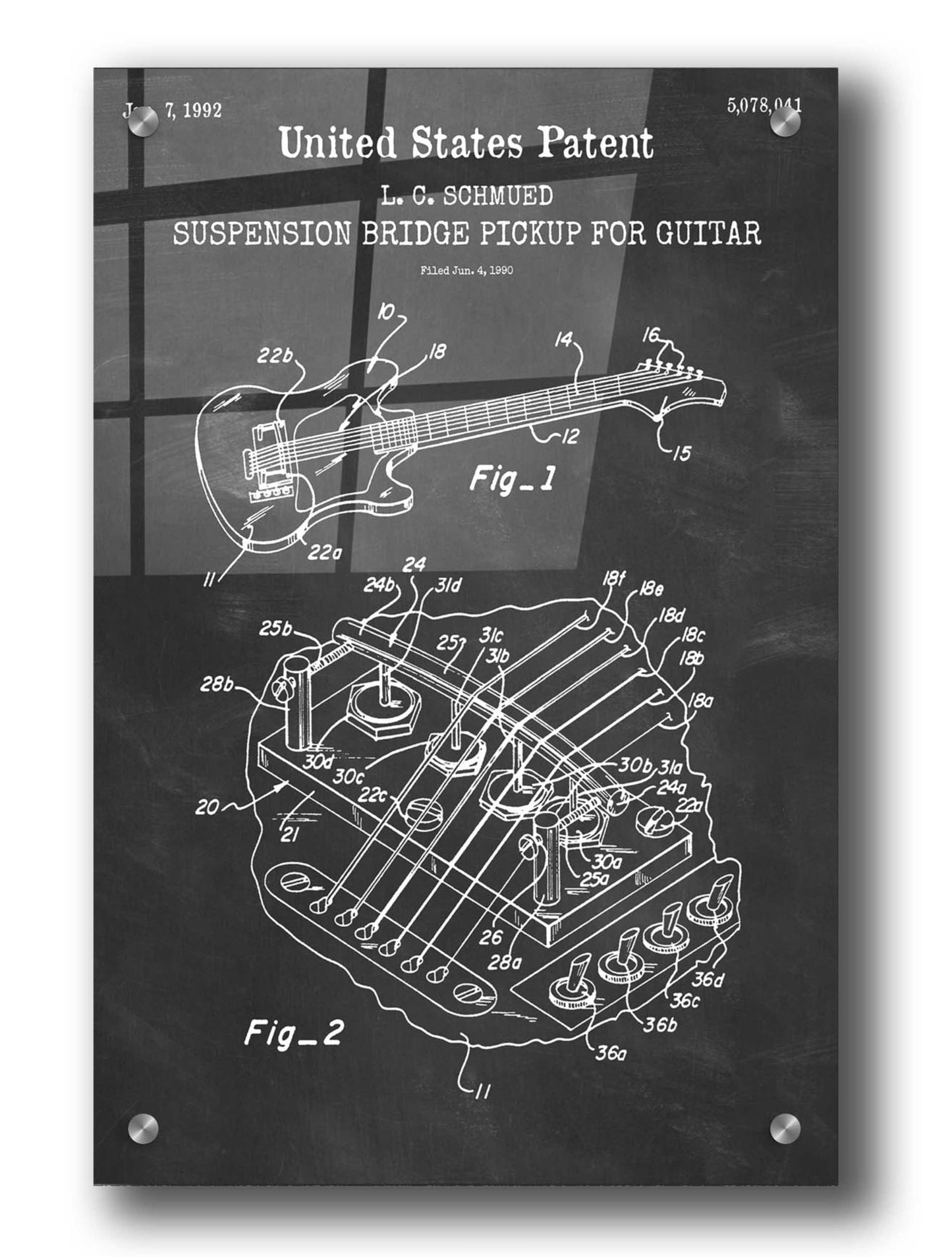 Epic Art 'Suspension Bridge Pickup for Guitar Blueprint Patent Chalkboard,' Acrylic Glass Wall Art,24x36