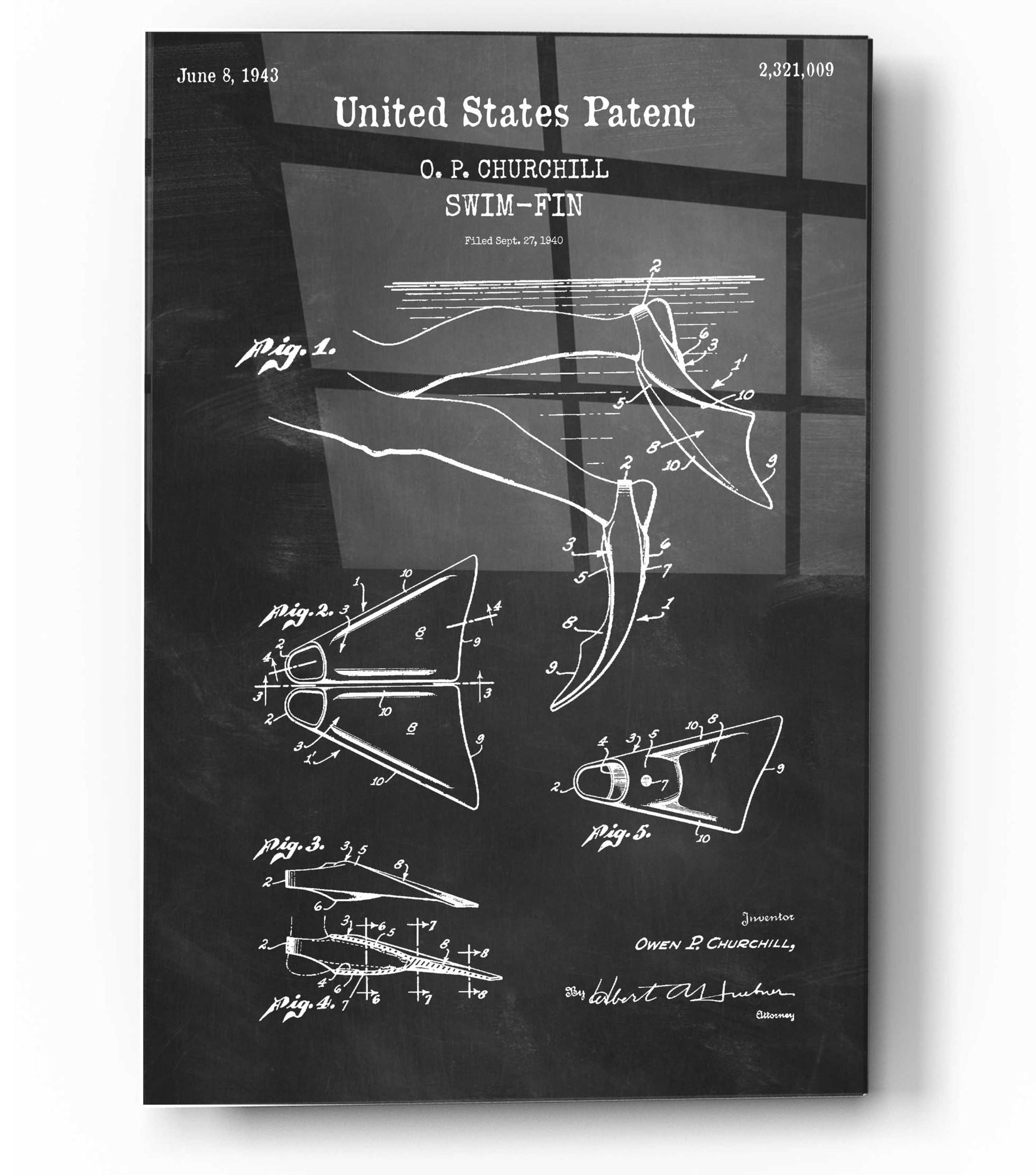 Epic Art 'Swim Fin Blueprint Patent Chalkboard,' Acrylic Glass Wall Art,12x16