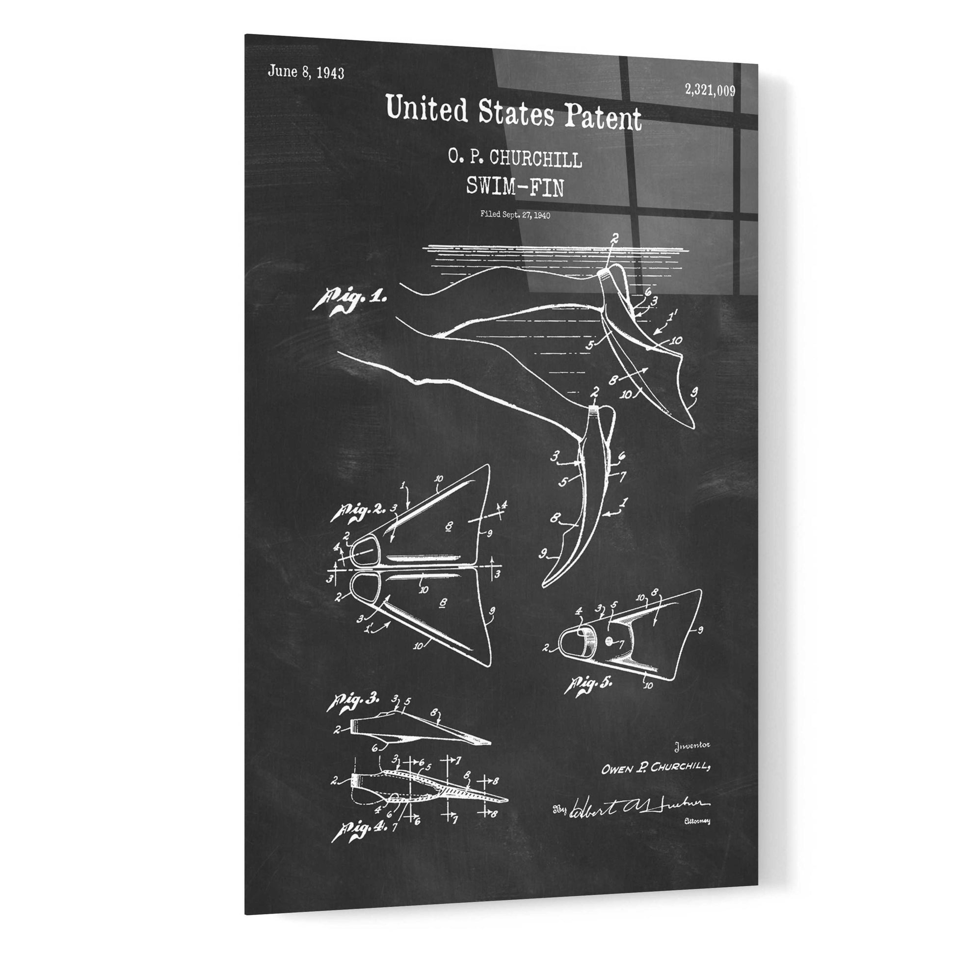 Epic Art 'Swim Fin Blueprint Patent Chalkboard,' Acrylic Glass Wall Art,16x24
