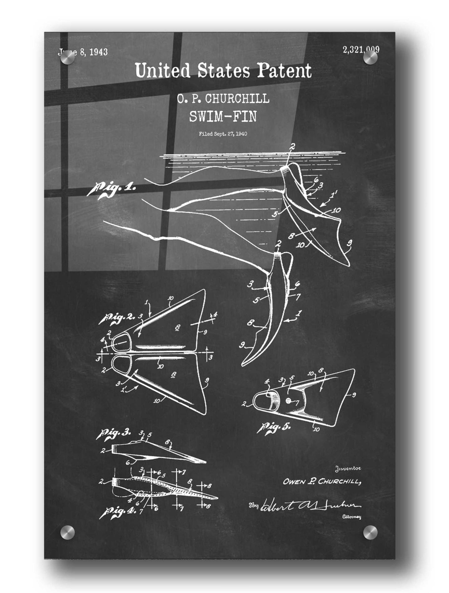 Epic Art 'Swim Fin Blueprint Patent Chalkboard,' Acrylic Glass Wall Art,24x36