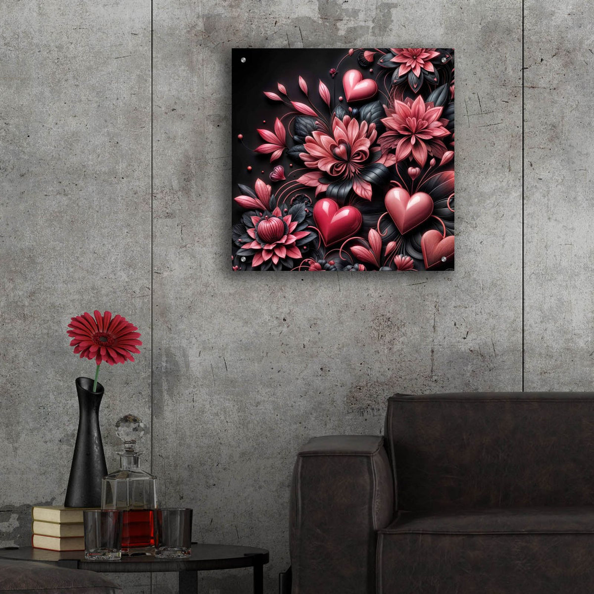 Hearts And Flowers by Rey Klimt - 24x24 acrylic wall art in a room