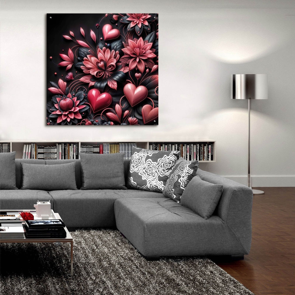 Hearts And Flowers by Rey Klimt - 36x36 acrylic wall art in a room