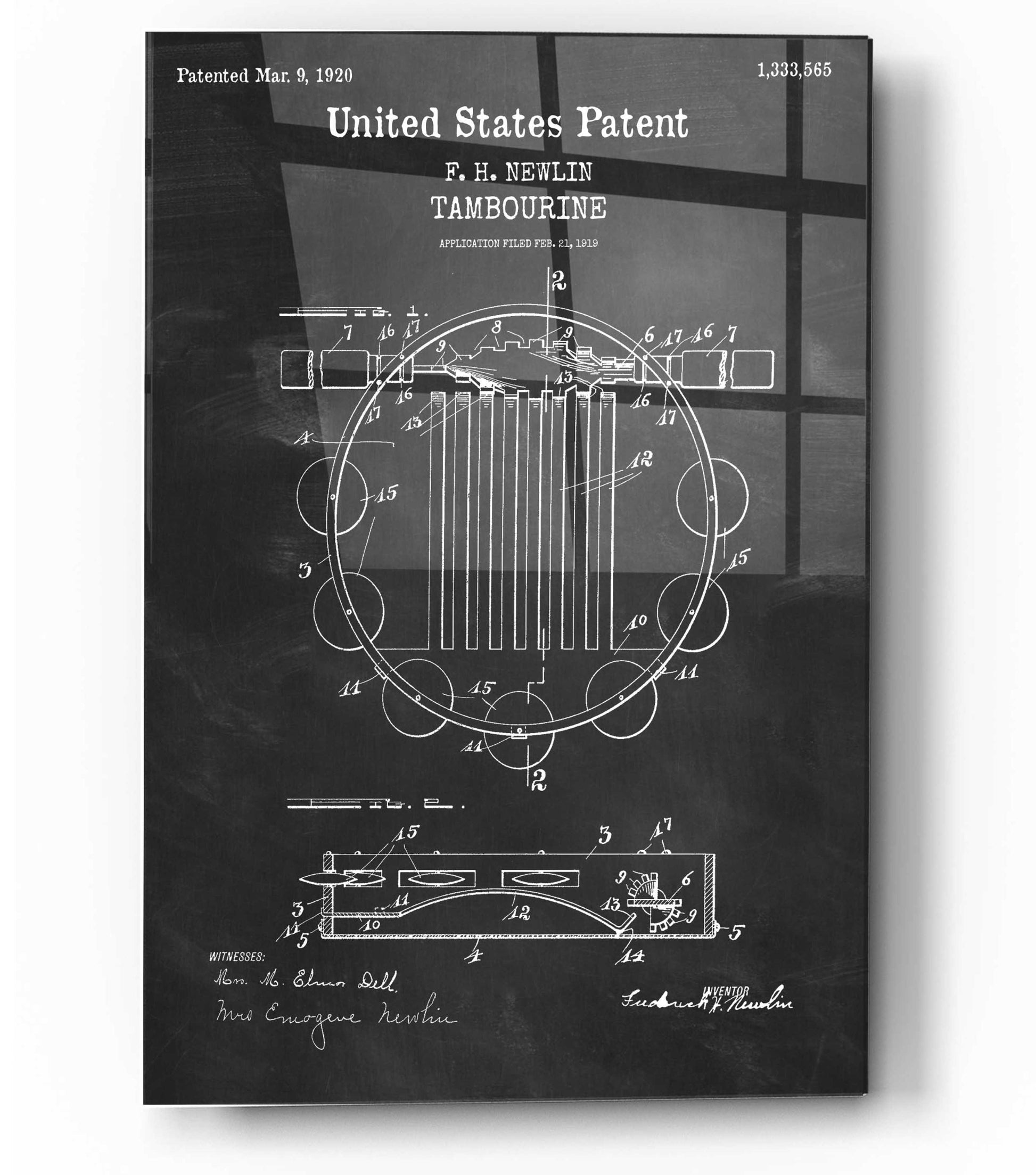 Epic Art 'Tambourine Blueprint Patent Chalkboard,' Acrylic Glass Wall Art,12x16