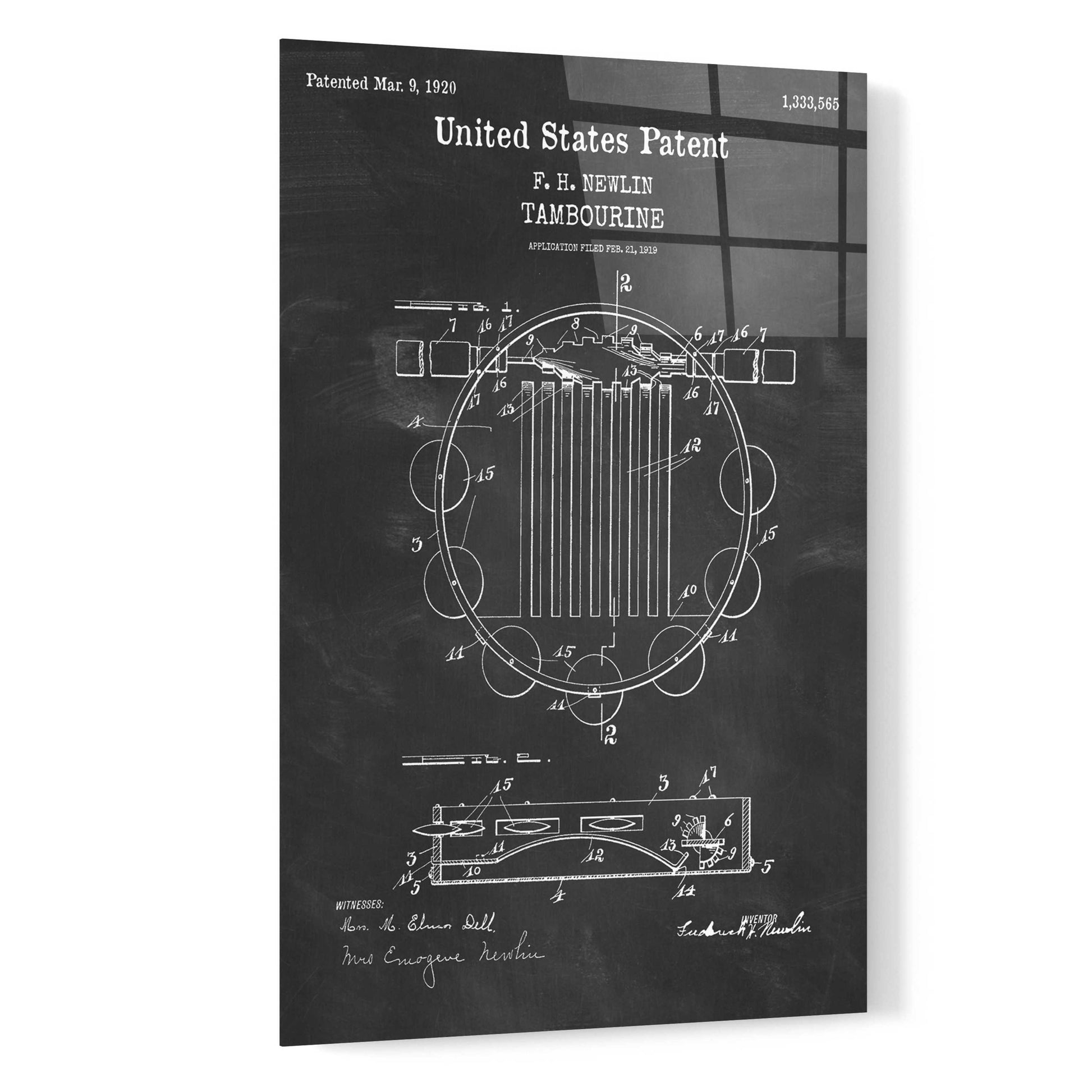 Epic Art 'Tambourine Blueprint Patent Chalkboard,' Acrylic Glass Wall Art,16x24