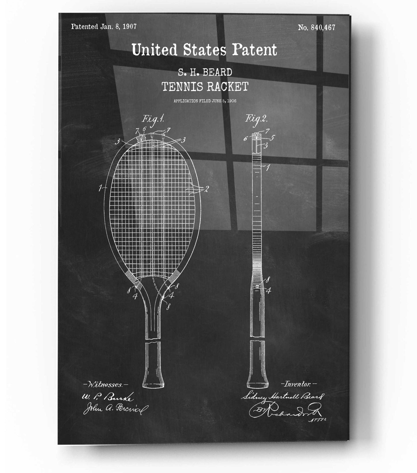 Epic Art 'Tennis Racket Blueprint Patent Chalkboard,' Acrylic Glass Wall Art,12x16