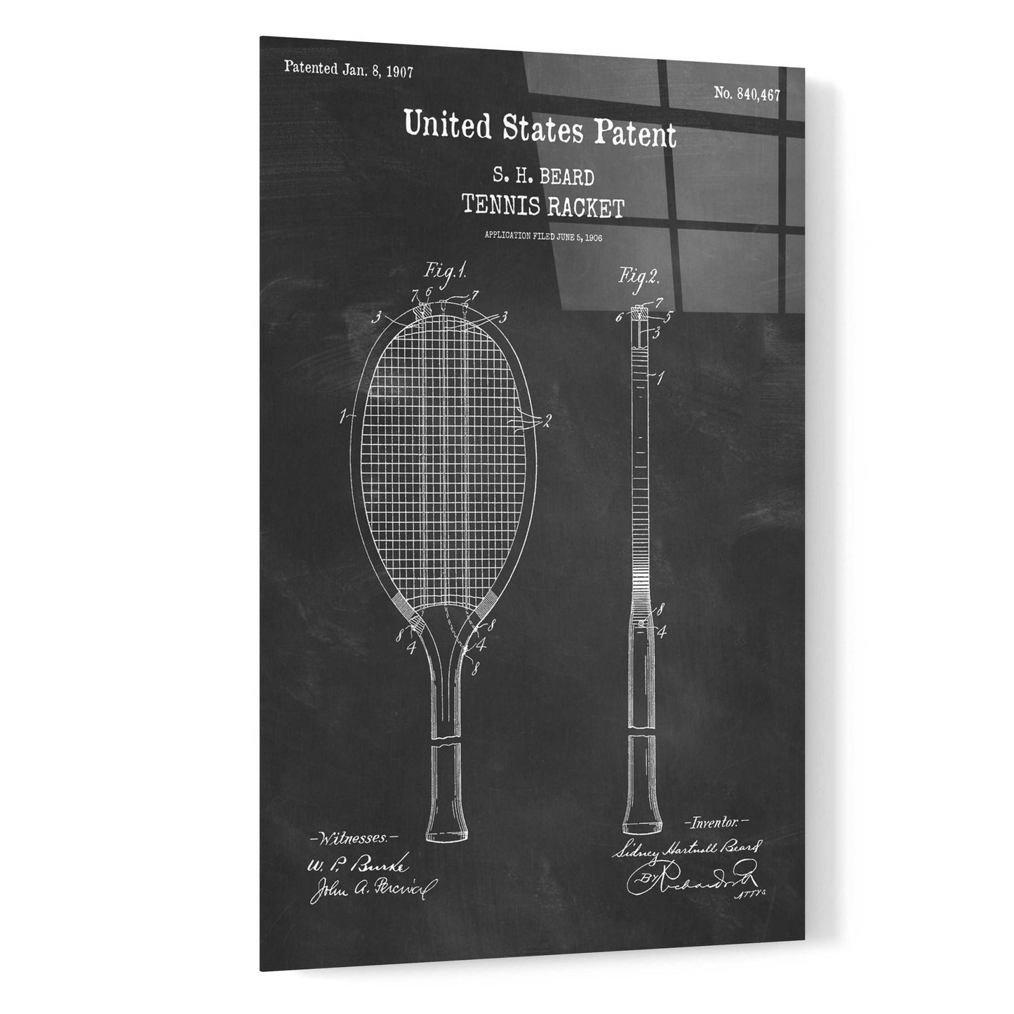 Epic Art 'Tennis Racket Blueprint Patent Chalkboard,' Acrylic Glass Wall Art,16x24