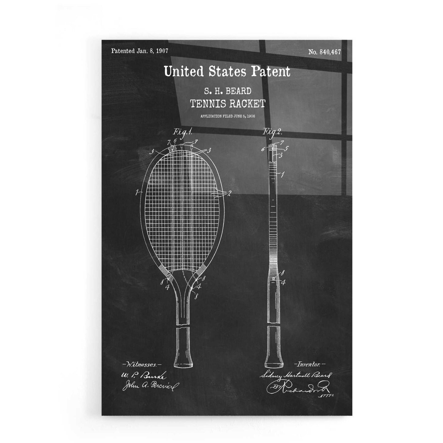 Epic Art 'Tennis Racket Blueprint Patent Chalkboard,' Acrylic Glass Wall Art,16x24