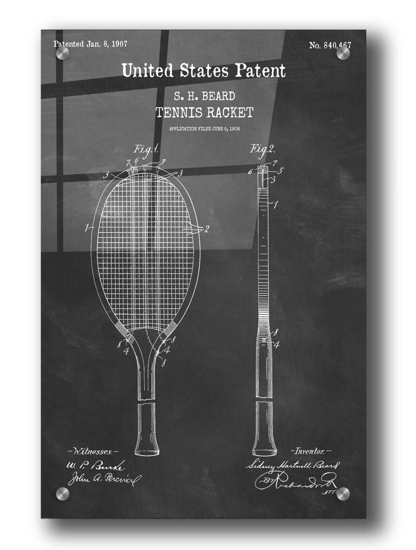 Epic Art 'Tennis Racket Blueprint Patent Chalkboard,' Acrylic Glass Wall Art,24x36