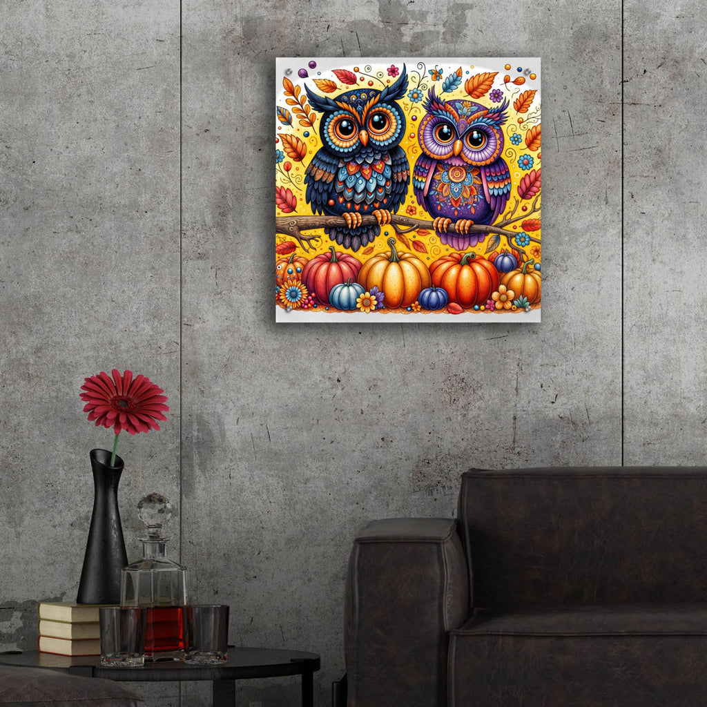 Two Owls Fall Theme 2 by Rey Klimt - 24x24 acrylic wall art in a room