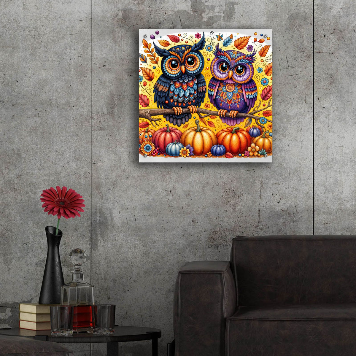 Two Owls Fall Theme 2 by Rey Klimt - 24x24 acrylic wall art in a room