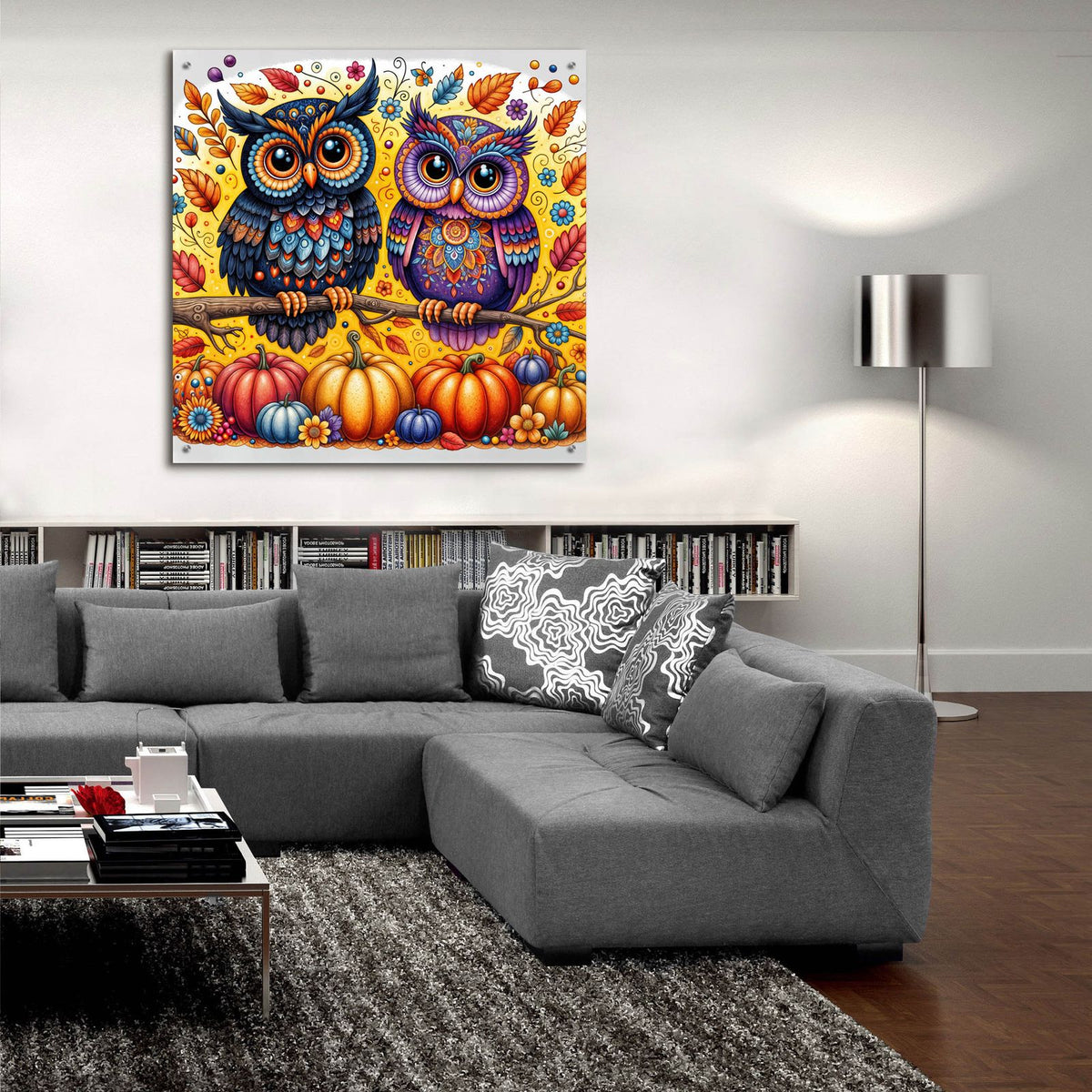 Two Owls Fall Theme 2 by Rey Klimt - 36x36 acrylic wall art in a room